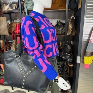 Yves Saint Laurent Studded Y Black Leather Tote Bag Large